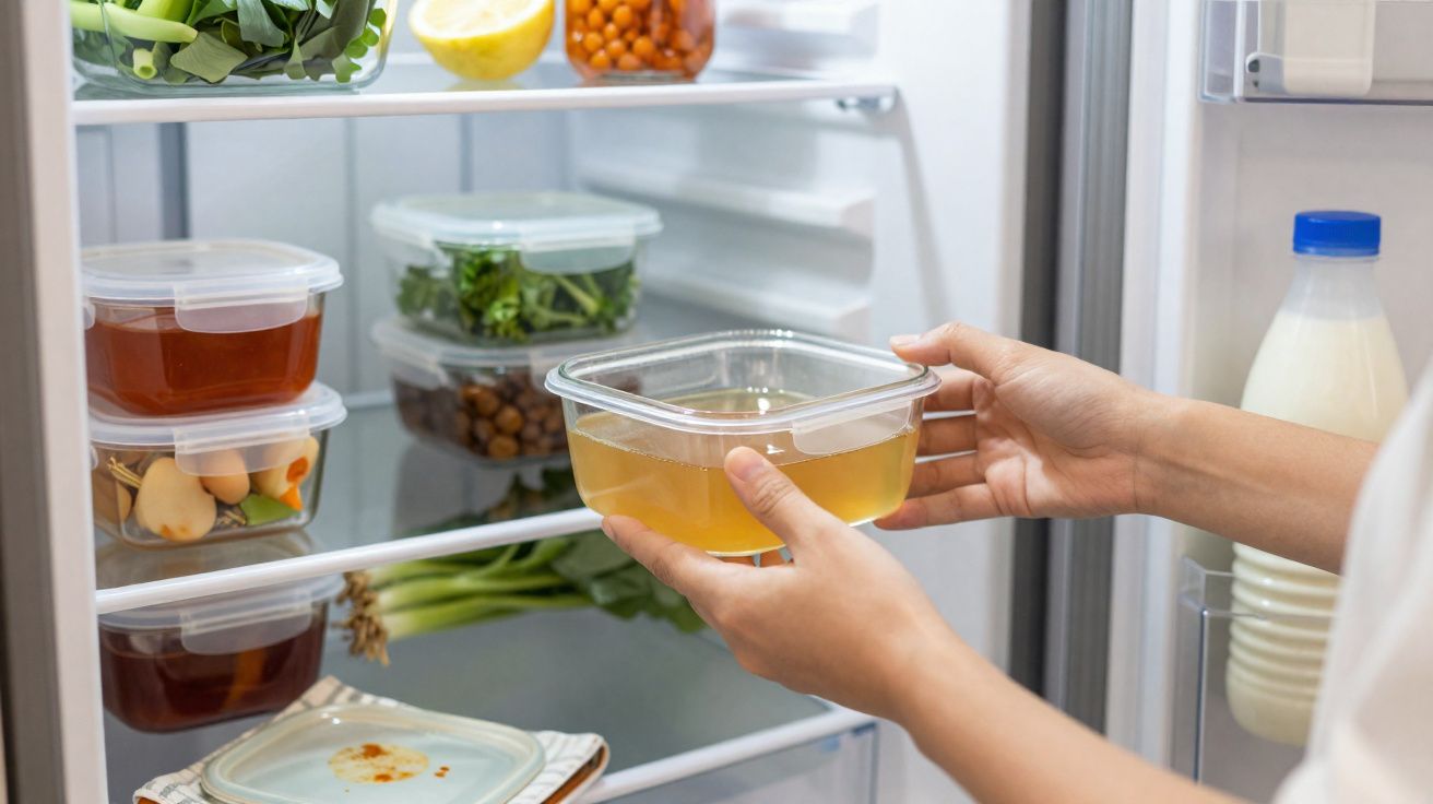 Pessoa guardando pote plástico transparente com líquido na geladeira organizada com alimentos frescos.