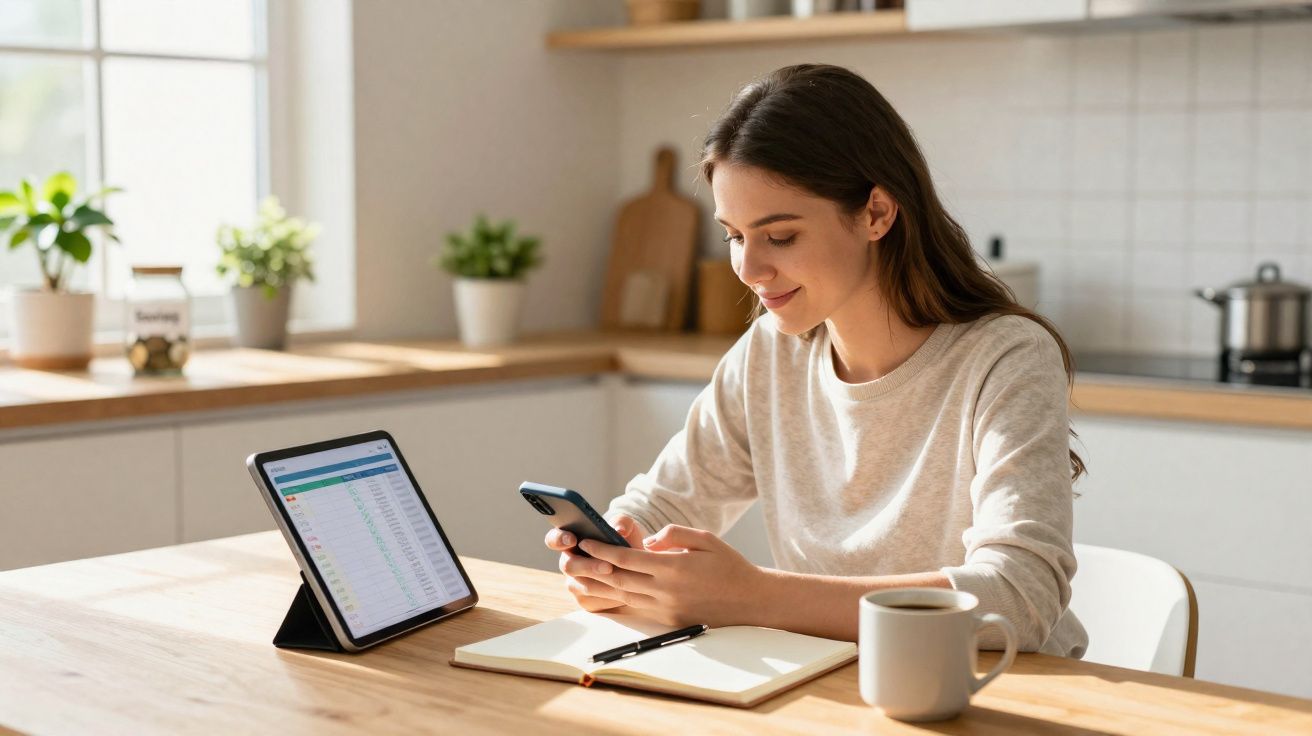Mulher sorridente usando celular enquanto está sentada à mesa com tablet, caderno e caneca em cozinha iluminada.