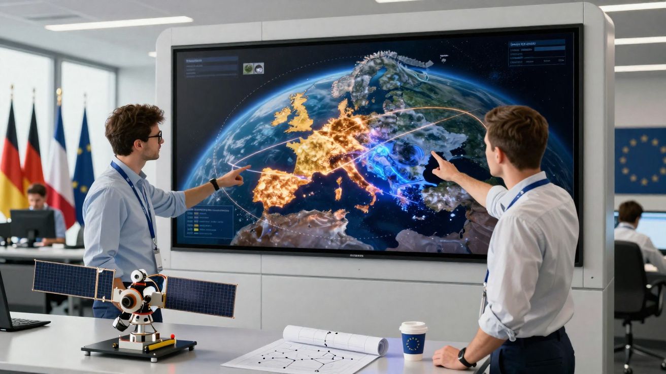 Dois homens analisam mapa digital da Europa em grande tela interativa dentro de escritório com bandeiras ao fundo.