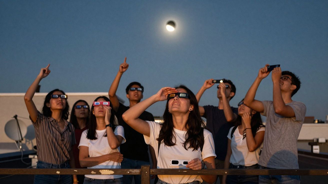 Grupo de pessoas usando óculos especiais observando eclipse solar ao pôr do sol em área externa.