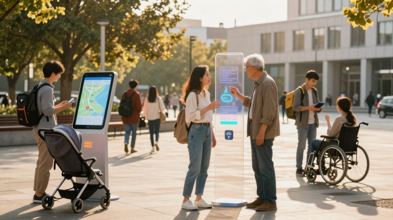 Pessoas interagindo com totens digitais em um espaço público ao ar livre em dia ensolarado.