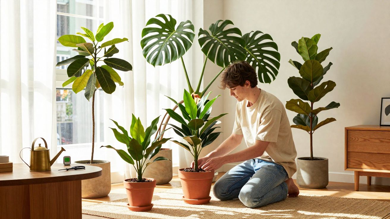Pessoa cuidando de plantas em vasos dentro de uma sala iluminada com cortinas brancas e móveis de madeira.