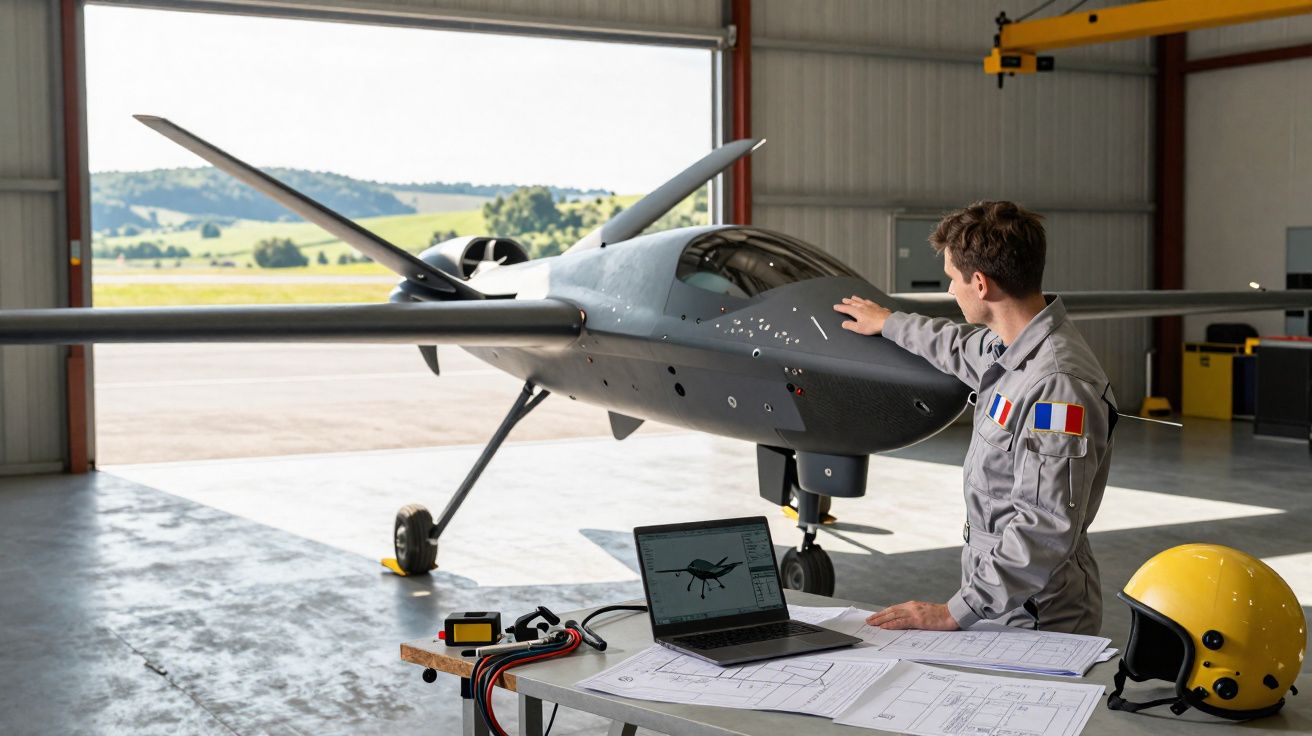 Homem com uniforme inspeciona drone militar cinza dentro de hangar com capacete amarelo e pranchetas na mesa.