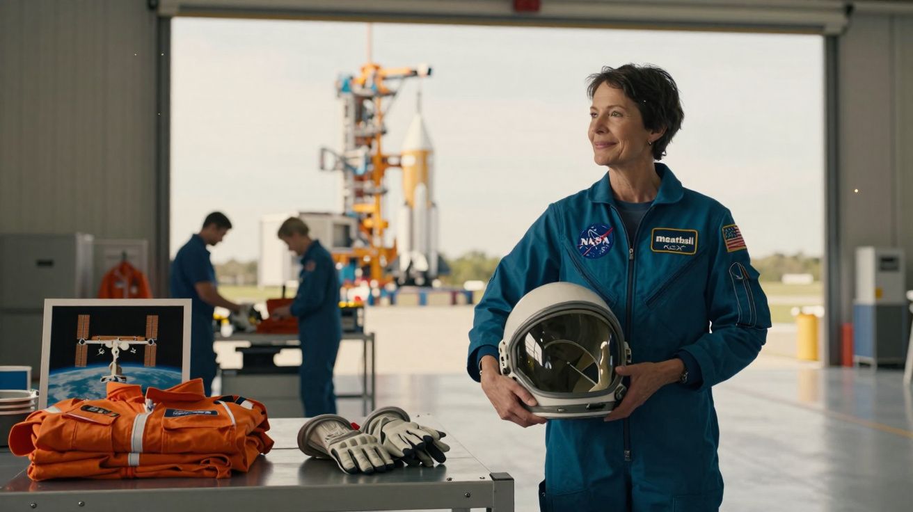 Astronauta em macacão azul segura capacete em hangar com equipe e foguete ao fundo.