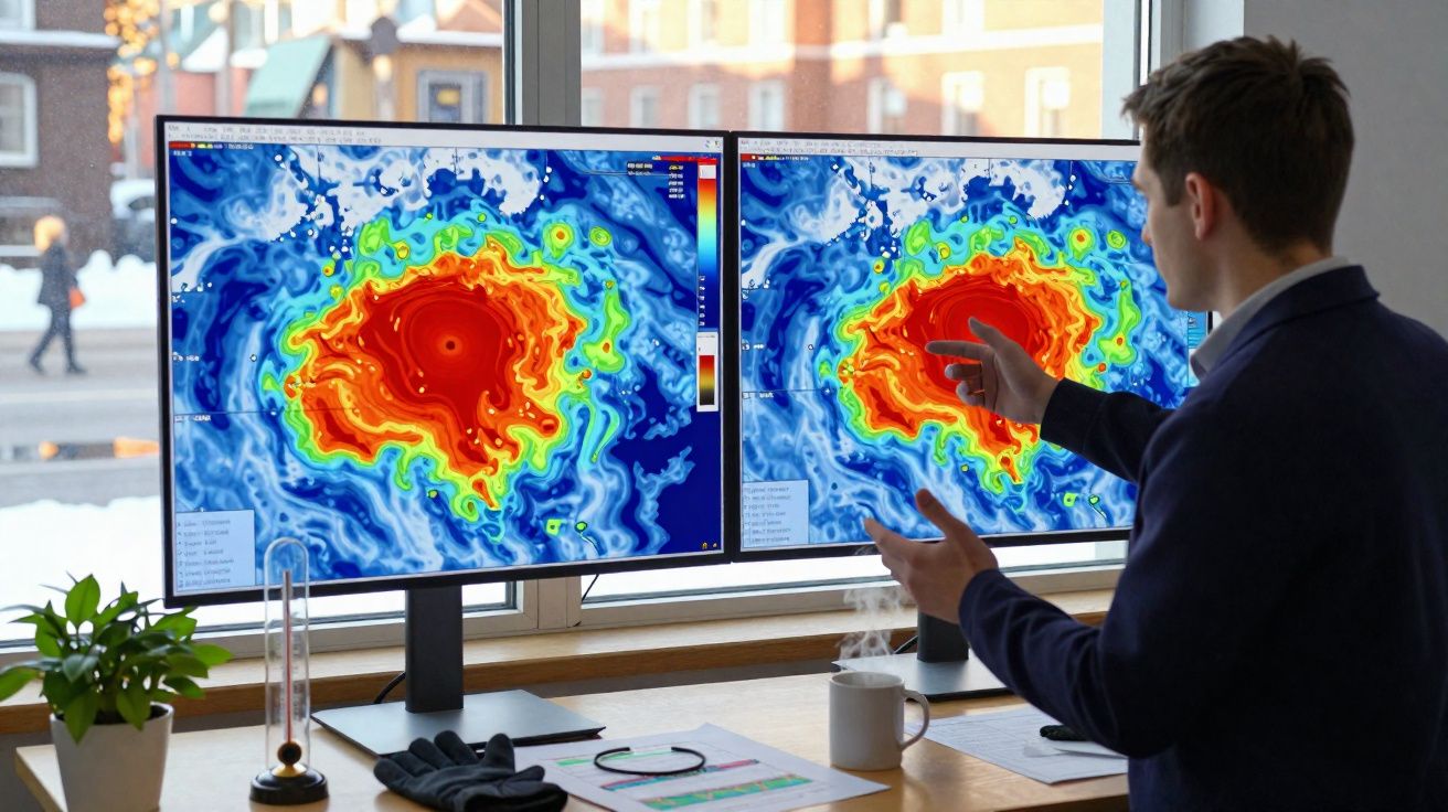 Homem analisando dados coloridos de mapas climáticos em dois monitores na frente de uma janela.
