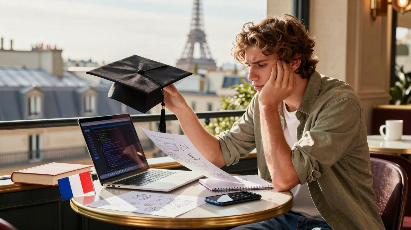 Jovem estudando com laptop e documentos, segurando um capelo de formatura, com Torre Eiffel ao fundo.