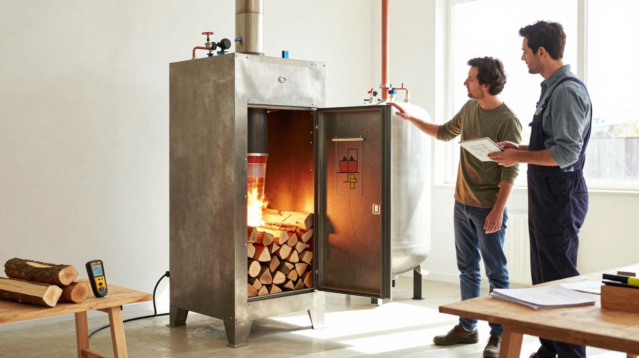 Dois homens observam aquecedor metálico industrial com lenha em chamas dentro de sala clara.