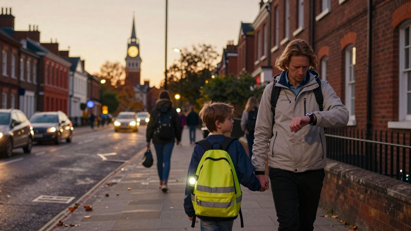 Adulto e criança de mochila andando em calçada urbana ao entardecer, com igreja ao fundo e carros na rua.