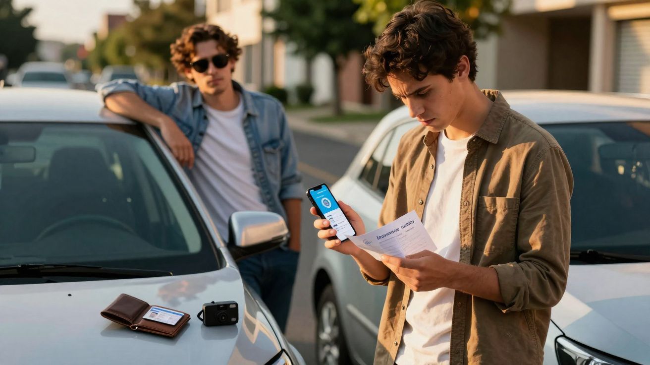 Dois jovens analisam documentos e celular após acidente entre dois carros em rua residencial.