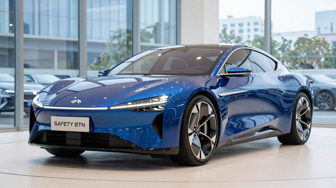 Carro esportivo elétrico azul brilhante estacionado dentro de showroom moderno com janelas de vidro.