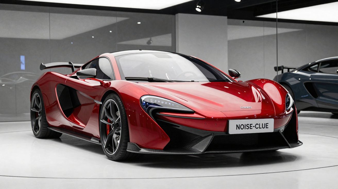 Carro esportivo vermelho com design aerodinâmico exibido em showroom moderno e iluminado.