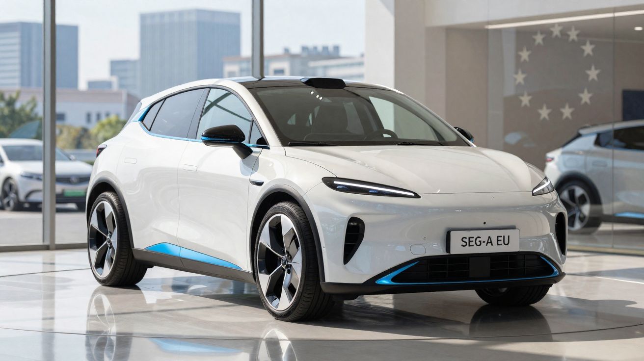 Carro elétrico branco com detalhes azuis, exibido em showroom moderno com grandes janelas e edifícios ao fundo.