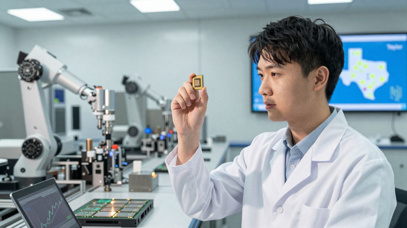 Cientista em laboratório tecnológico segurando microchip, com equipamentos e tela digital ao fundo.