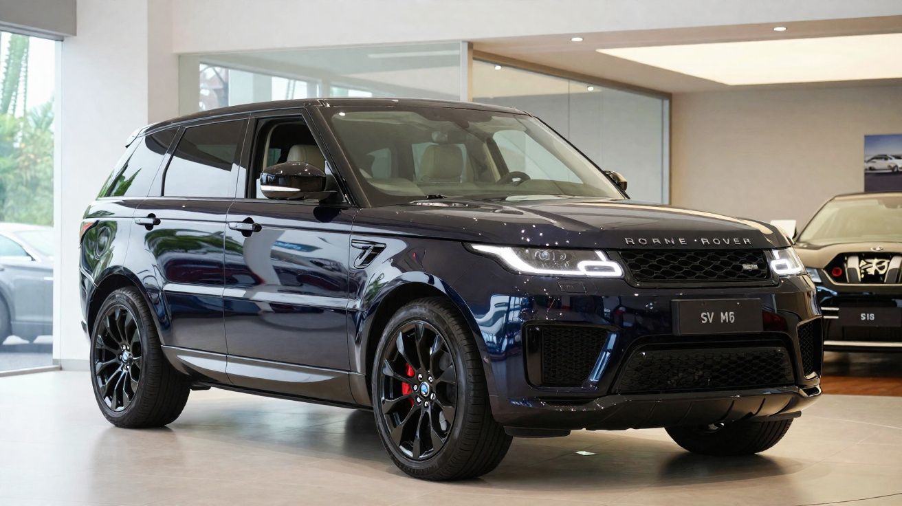 SUV preto Range Rover SV M6 estacionado dentro de showroom moderno com acabamento fosco e rodas pretas.