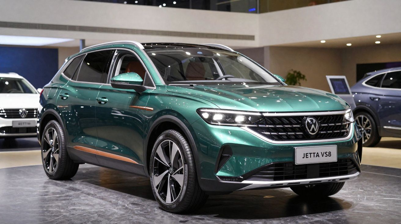 Carro SUV verde metálico Jetta VS8 exposto em salão de automóveis com detalhes em preto e rodas esportivas.