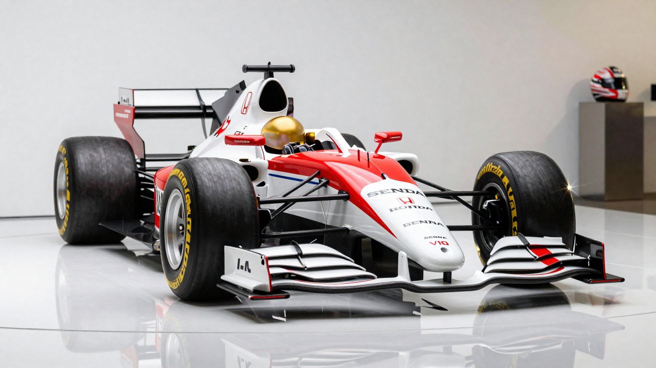 Carro de Fórmula 1 branco e vermelho com capacete dourado exposto em ambiente interno branco.