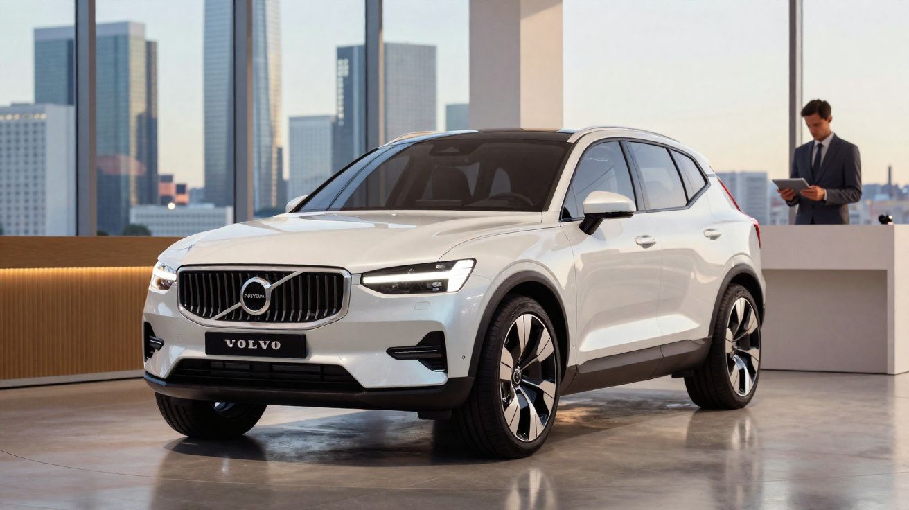 Carro SUV branco Volvo XC40 elétrico em showroom moderno com vidros grandes e cidade ao fundo.