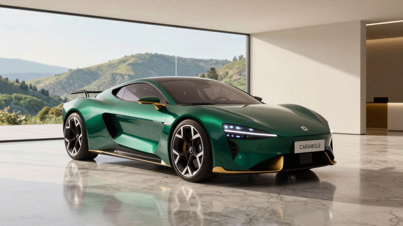 Carro esportivo verde com detalhes dourados em ambiente moderno com vista para montanhas.