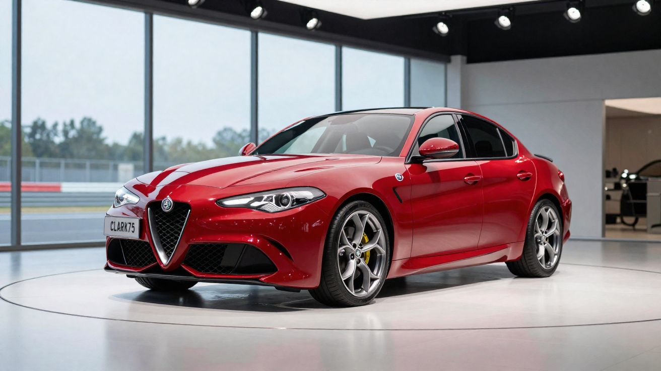 Carro esportivo Alfa Romeo Giulia vermelho exibido em showroom moderno com iluminação focada.