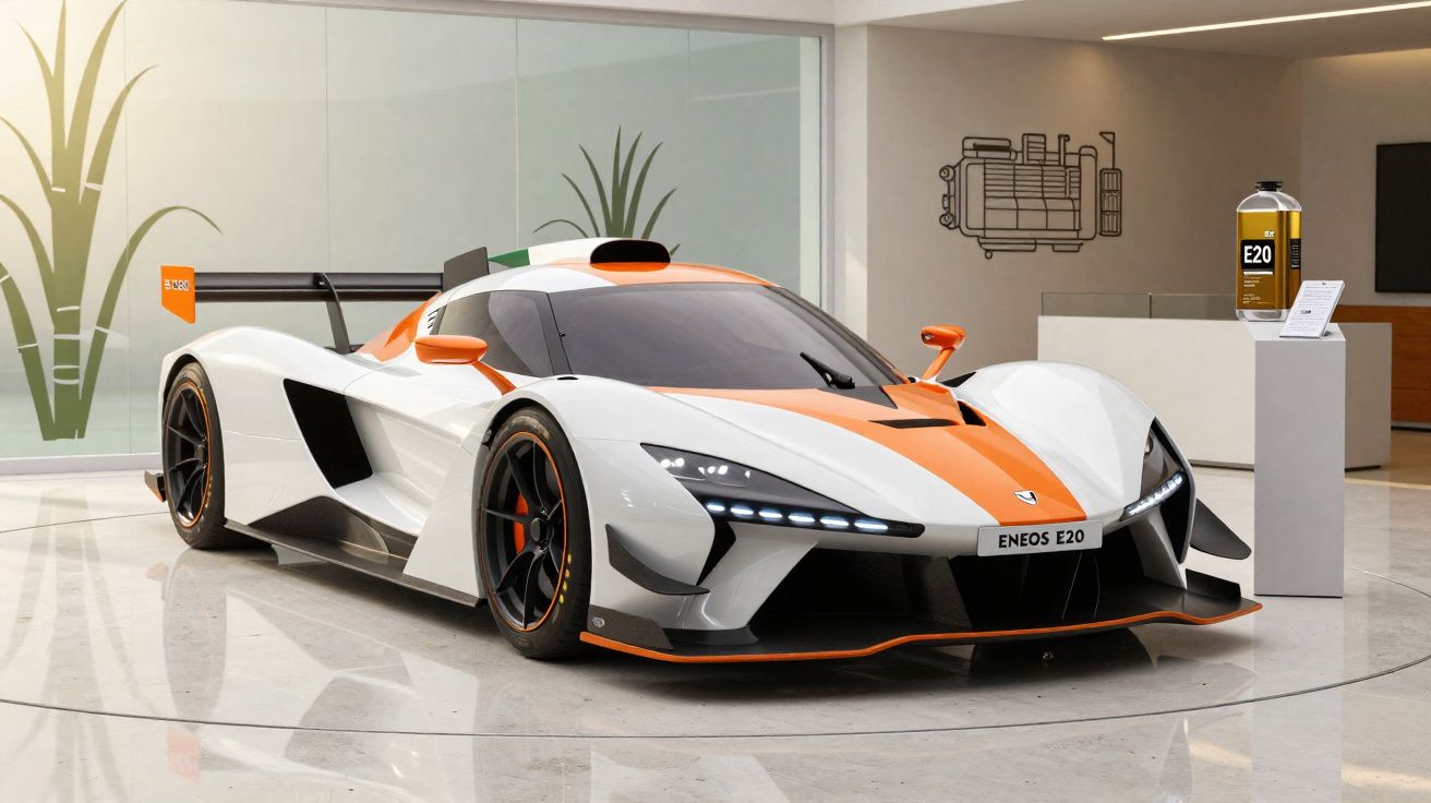 Carro esportivo branco e laranja exposto em sala de showroom moderno com piso brilhante.