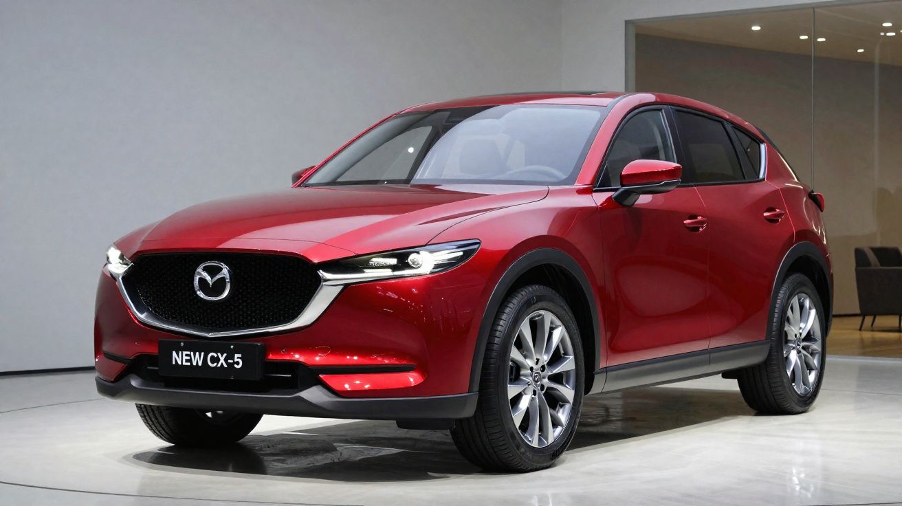 SUV Mazda CX-5 vermelho em exposição com design moderno e faróis acesos.