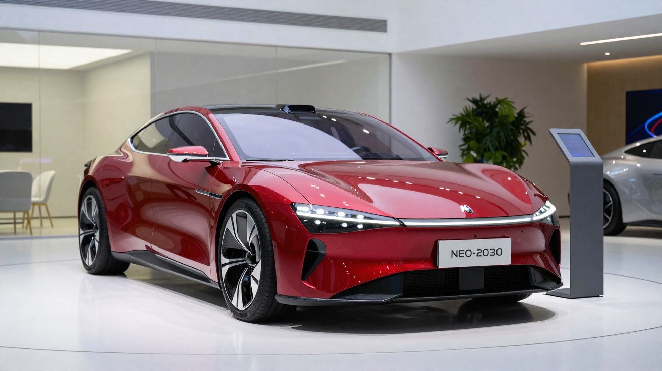 Carro elétrico esportivo vermelho NEO-2030 exibido em salão moderno e iluminado.