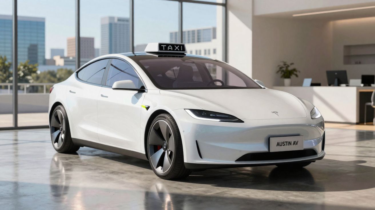 Carro elétrico branco modelo Tesla adaptado como táxi posicionado em ambiente interno moderno e iluminado.