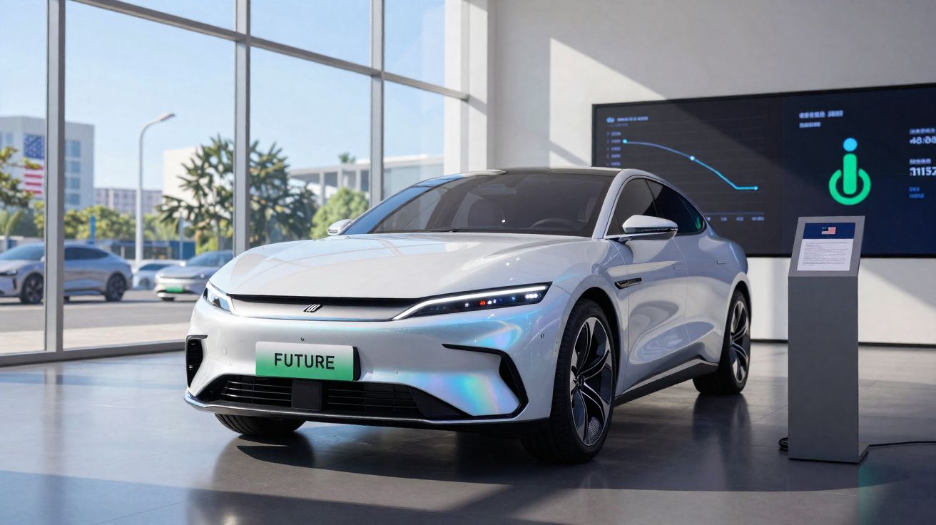 Carro elétrico branco futurista em exposição dentro de showroom com placa escrita FUTURE.