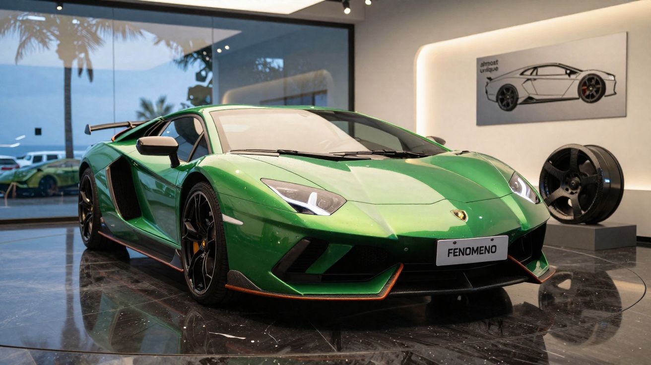 Carro esportivo Lamborghini verde com detalhes laranja em showroom moderno com piso preto brilhante.