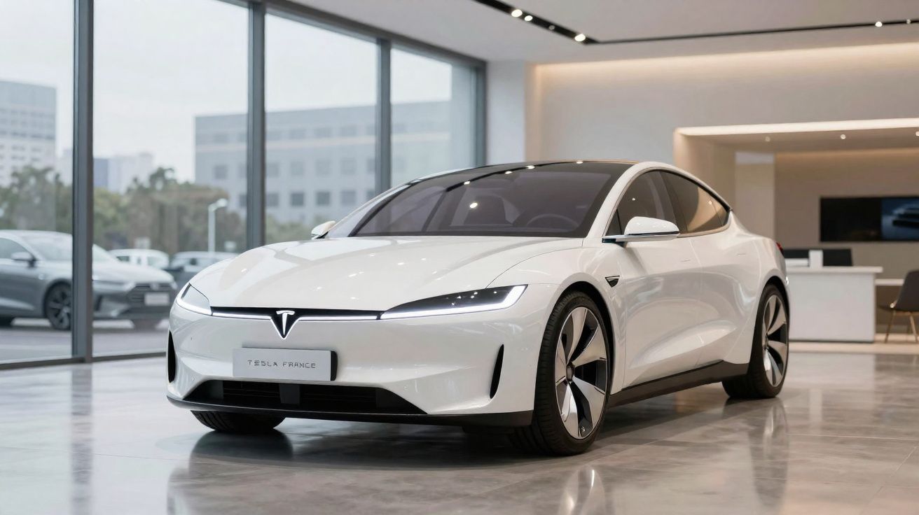 Carro elétrico branco Tesla Model S em showroom moderno com piso brilhante e janelas grandes.