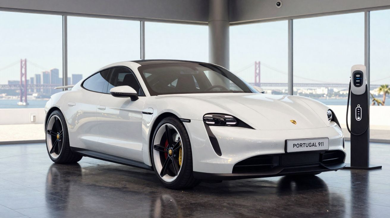 Carro esportivo elétrico branco Porsche Taycan em exposição ao lado de carregador, com vista da ponte ao fundo.