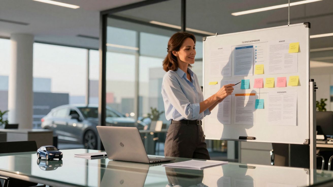 Mulher aponta para quadro branco com anotações e post-its em escritório moderno com laptop na mesa.