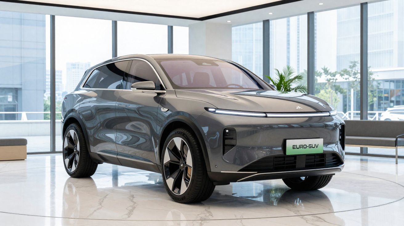 SUV cinza metálico elétrico moderno exibido em showroom com grandes janelas e piso de mármore.