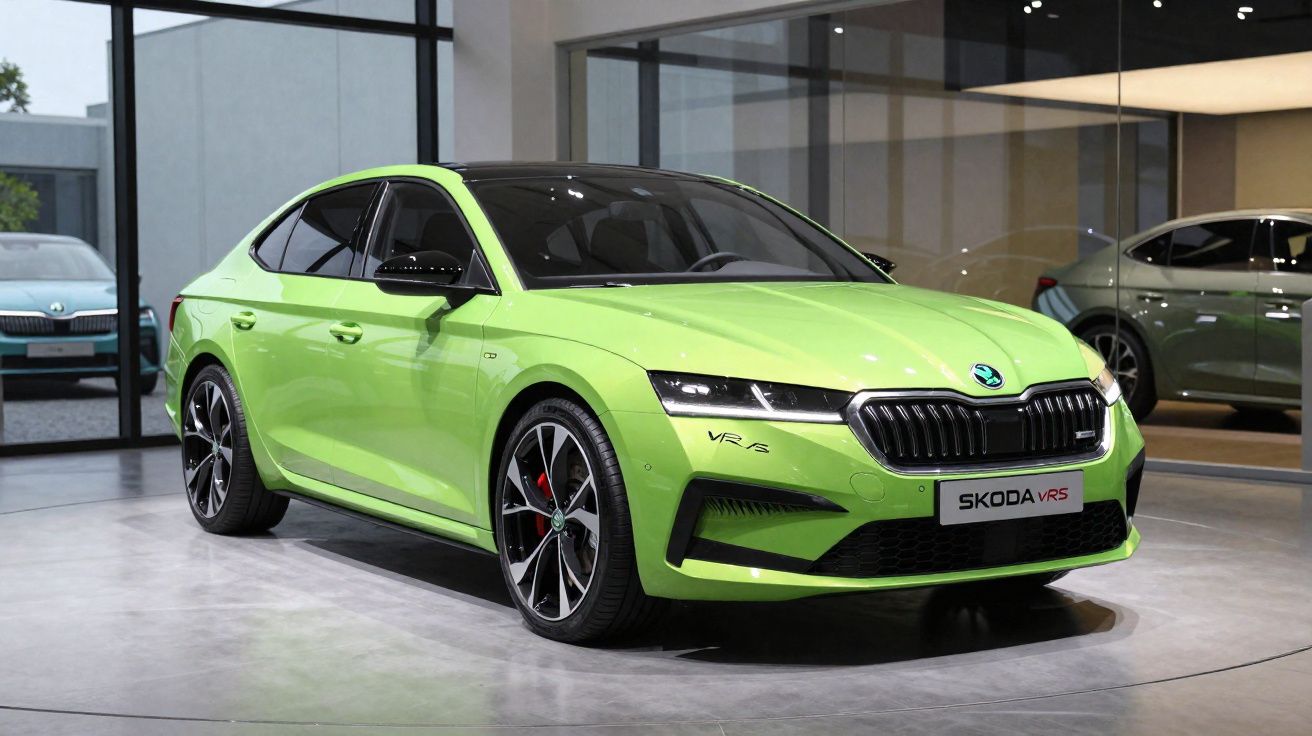 Carro esportivo Skoda VR5 verde neon exibido em showroom moderno com piso cinza e paredes de vidro.
