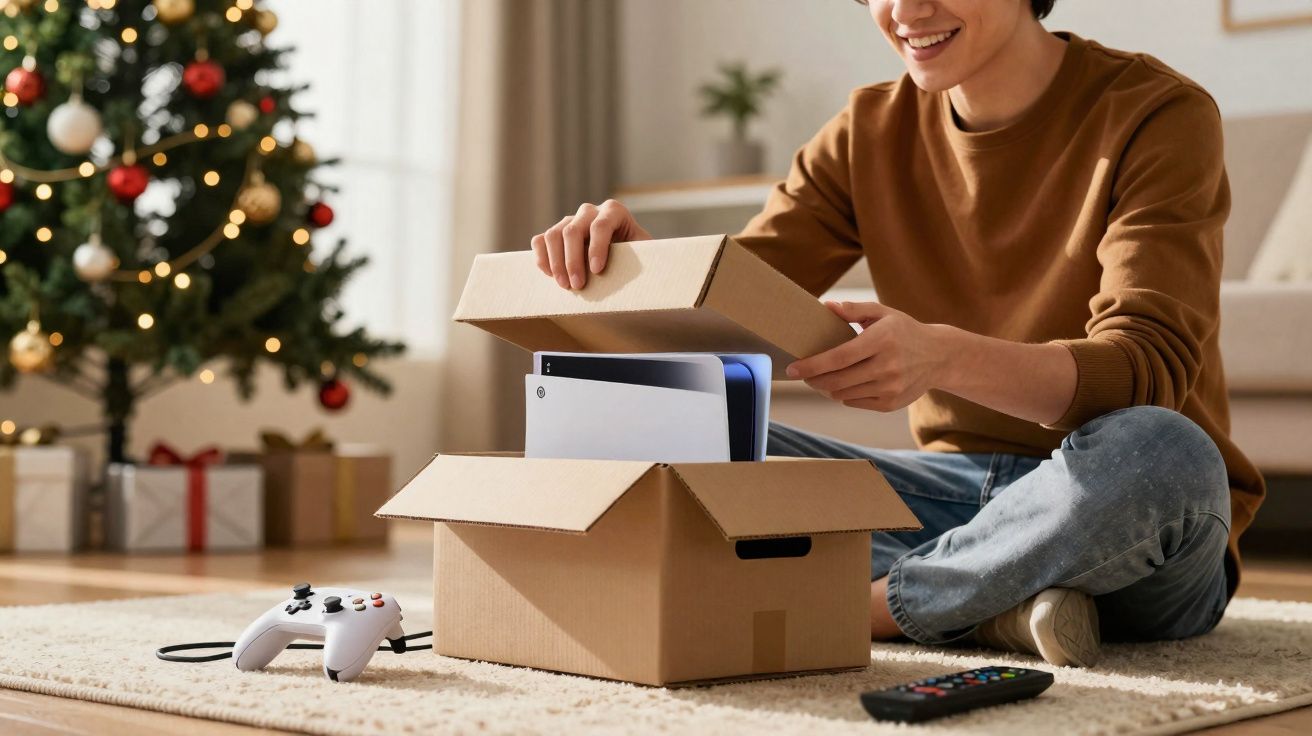 Pessoa sorrindo desempacotando videogame novo perto da árvore de Natal com controles e controle remoto no chão.