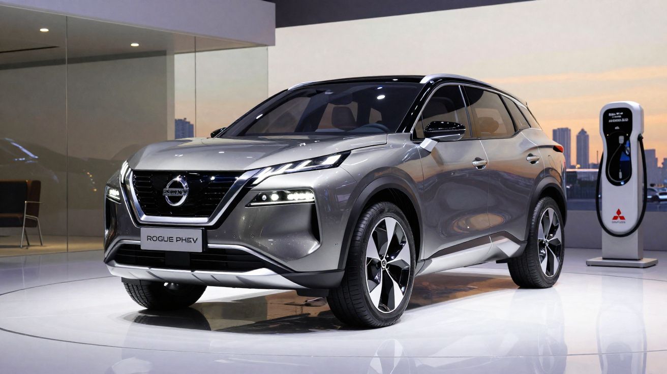 Carro SUV prata Nissan Rogue PHEV exibido em showroom iluminado com estação de recarga elétrica ao lado.