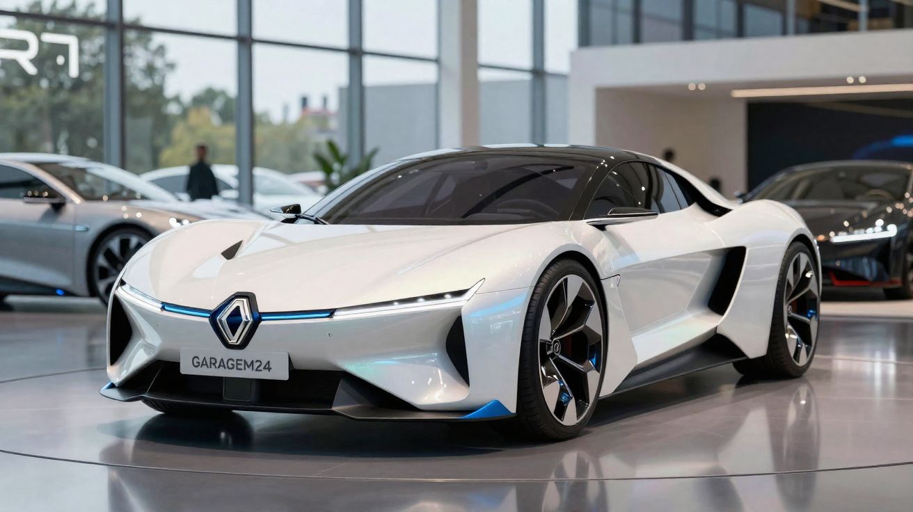 Carro esportivo elétrico branco da Renault em exposição interna, modelo futurista e aerodinâmico.