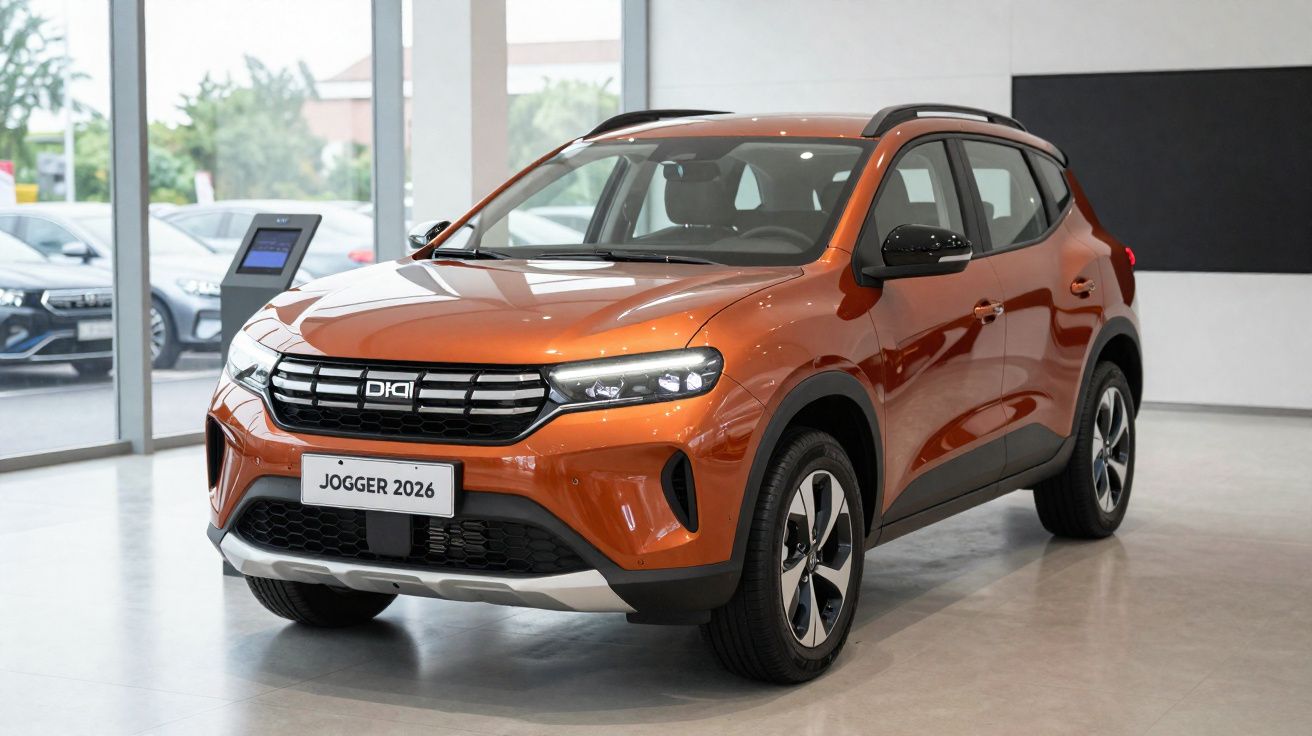 SUV compacto laranja Dacia Jogger 2026 exposto em showroom moderno com piso cinza.