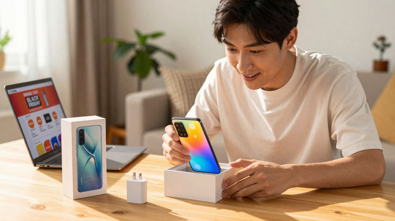 Homem sorridente desempacotando um smartphone colorido em mesa com laptop e carregador.