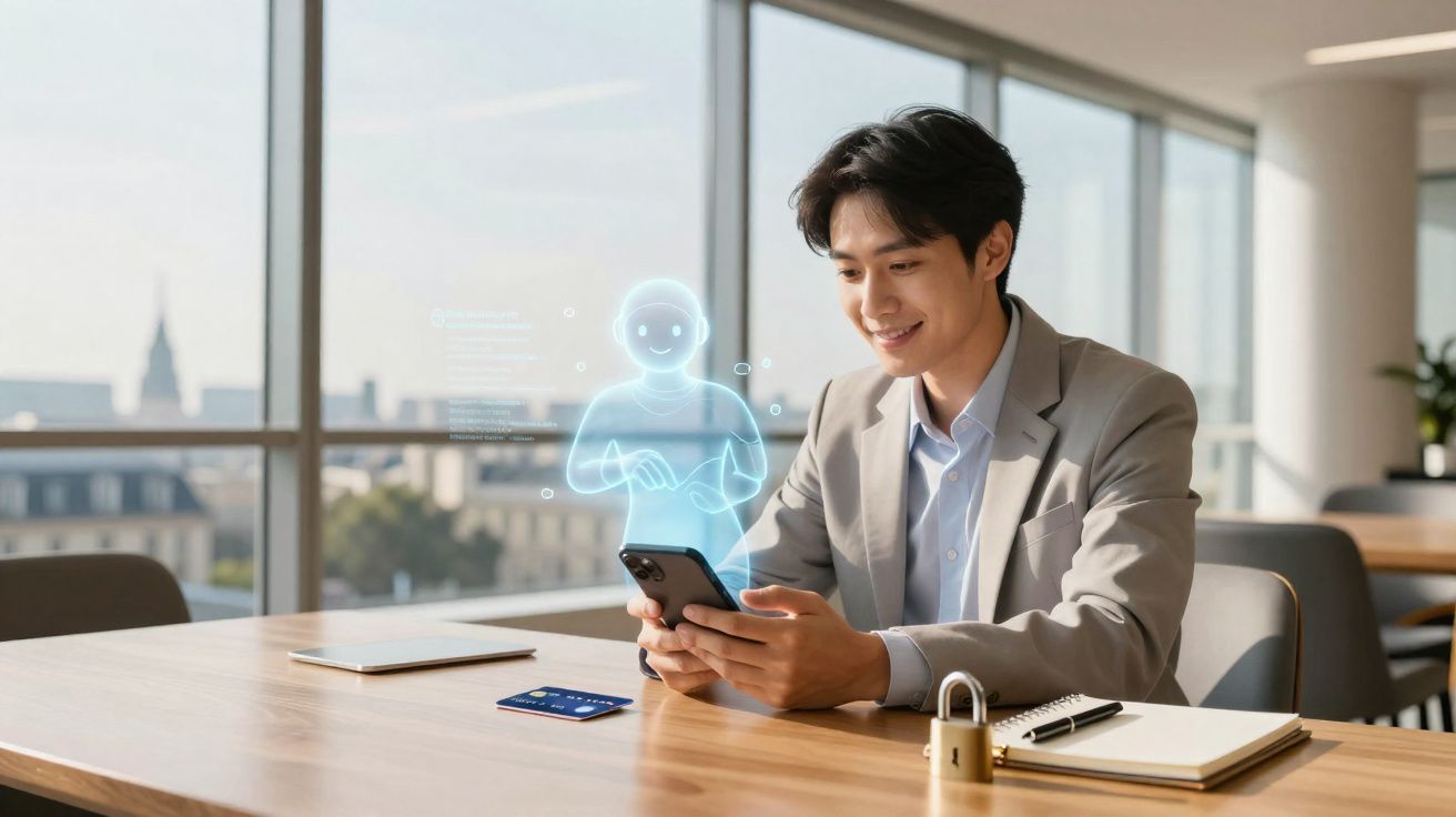 Homem sorrindo usando celular com holograma de assistente virtual em escritório moderno.
