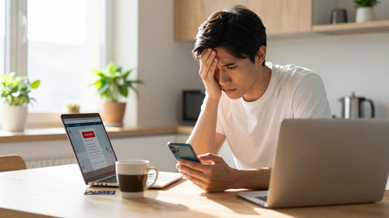 Jovem preocupado lendo mensagem no celular, sentado à mesa com dois laptops e xícara em ambiente claro.