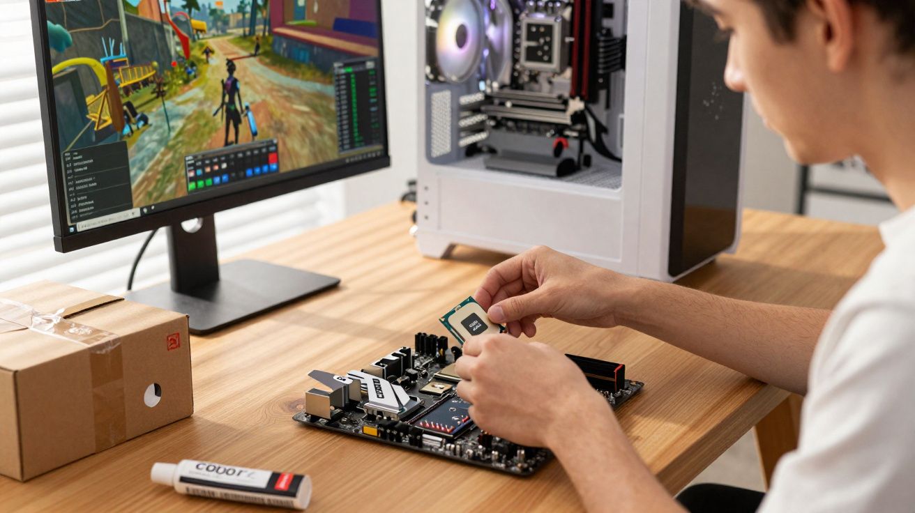 Pessoa instalando processador em placa-mãe, com monitor ligado mostrando jogo e gabinete aberto ao fundo.