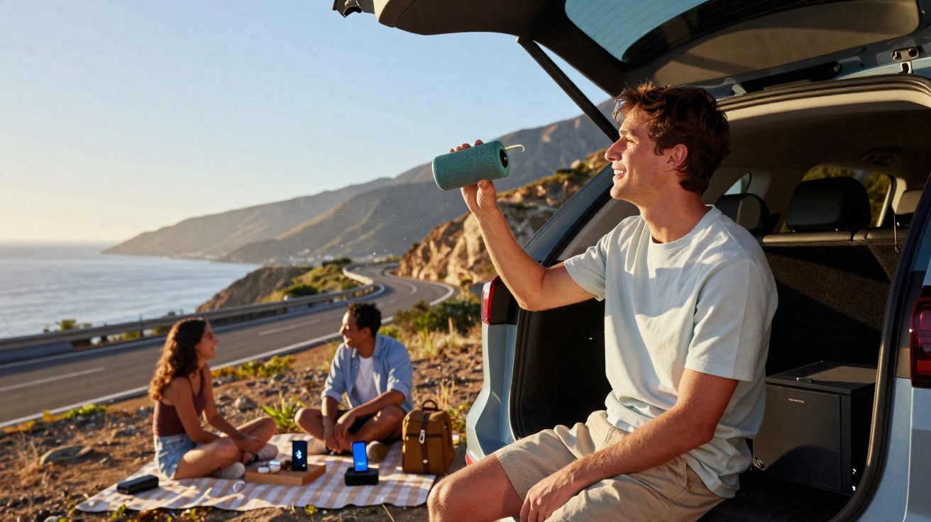 Jovem sorri segurando caixa de som no porta-malas aberto, enquanto amigos fazem piquenique à beira da estrada costeira.