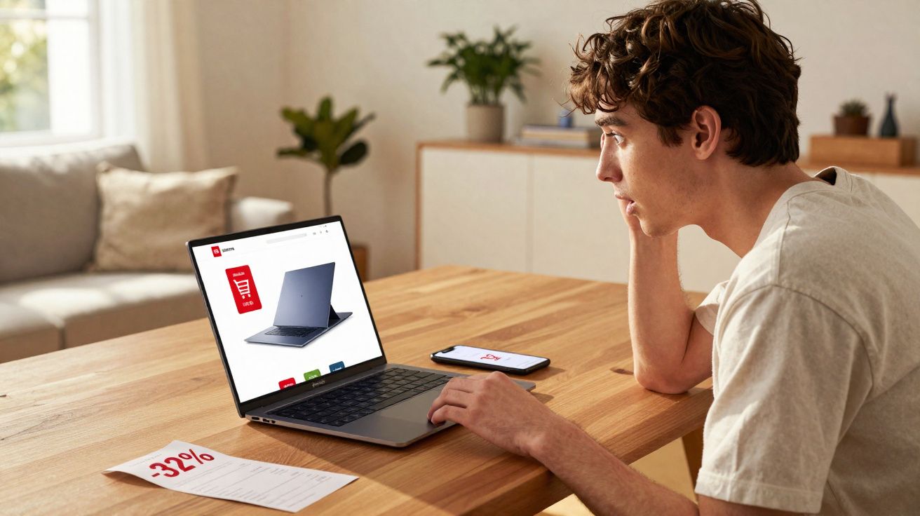 Jovem sentado à mesa olhando para laptop com imagem de notebook e desconto na tela.