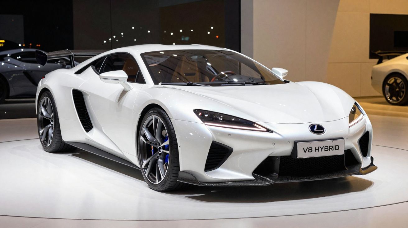 Carro esportivo branco Lexus V8 Hybrid exibido em salão de automóveis com design aerodinâmico.