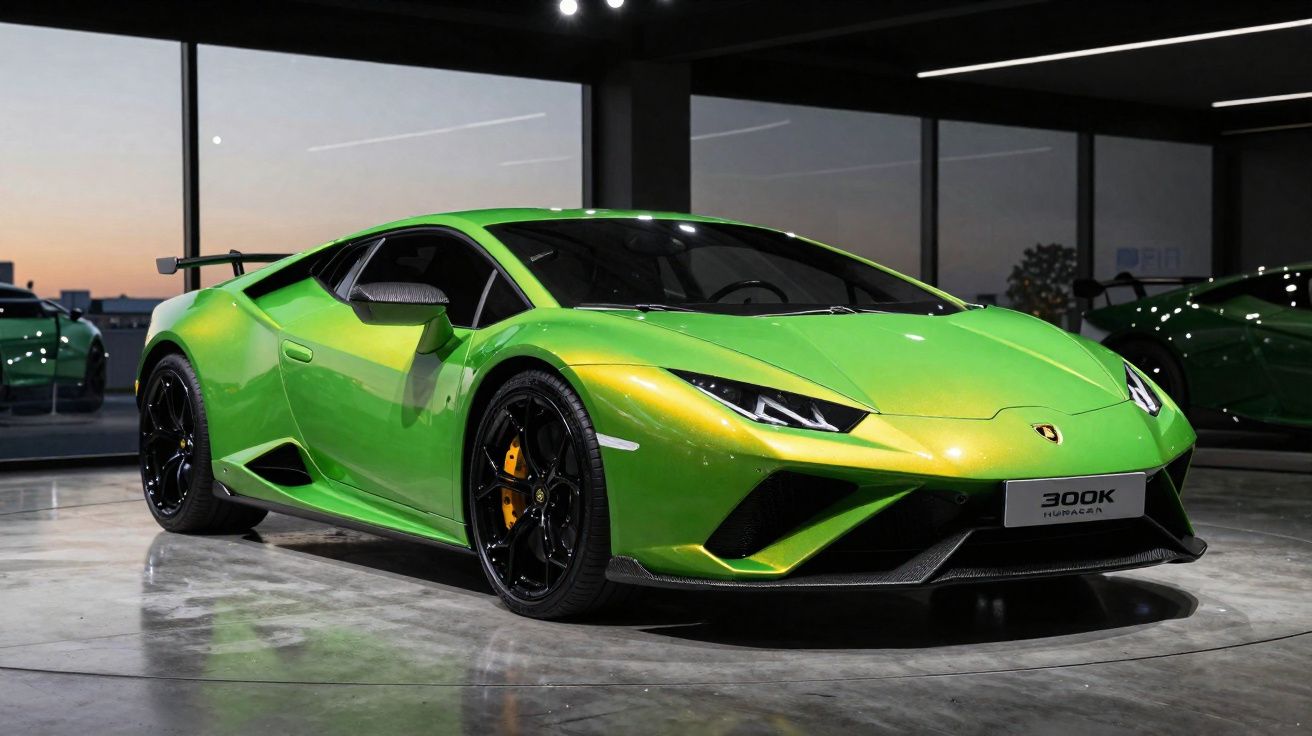 Carro esportivo Lamborghini verde limão exposto em showroom com piso de concreto e paredes de vidro.