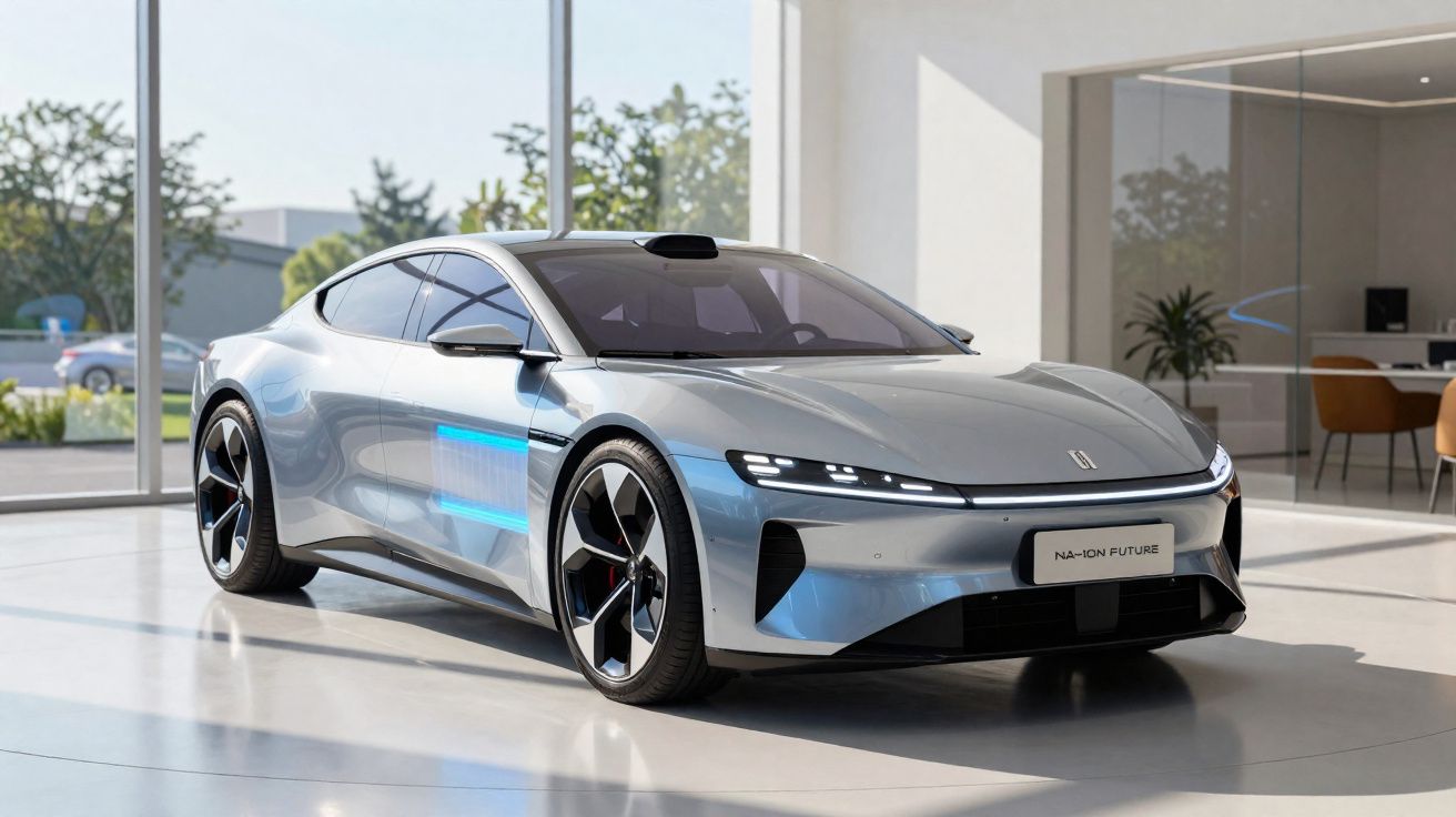 Carro elétrico futurista prateado em ambiente interno com grandes janelas e luz natural.