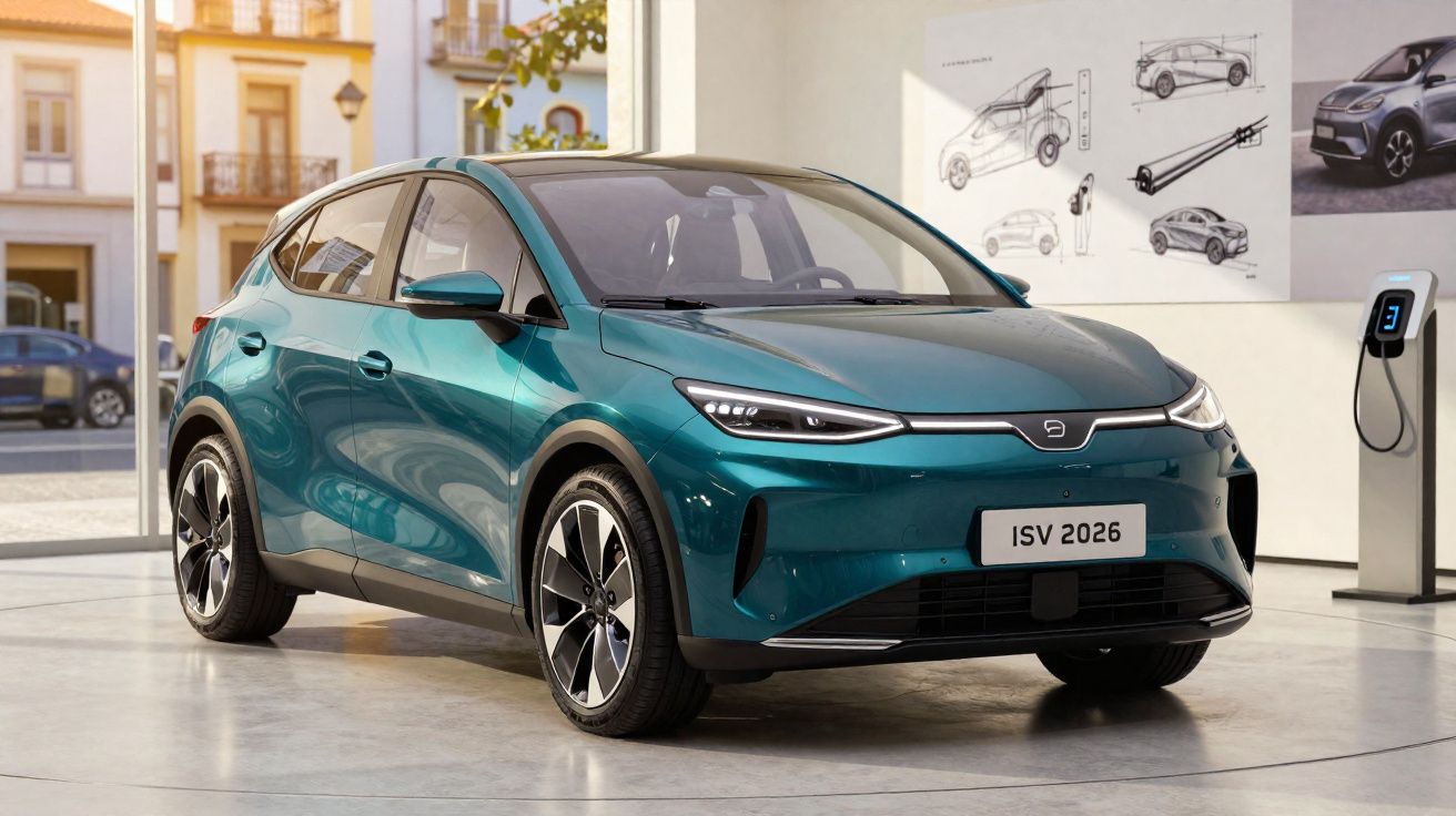 Carro elétrico azul moderno estacionado em showroom com ilustrações automotivas na parede ao fundo.