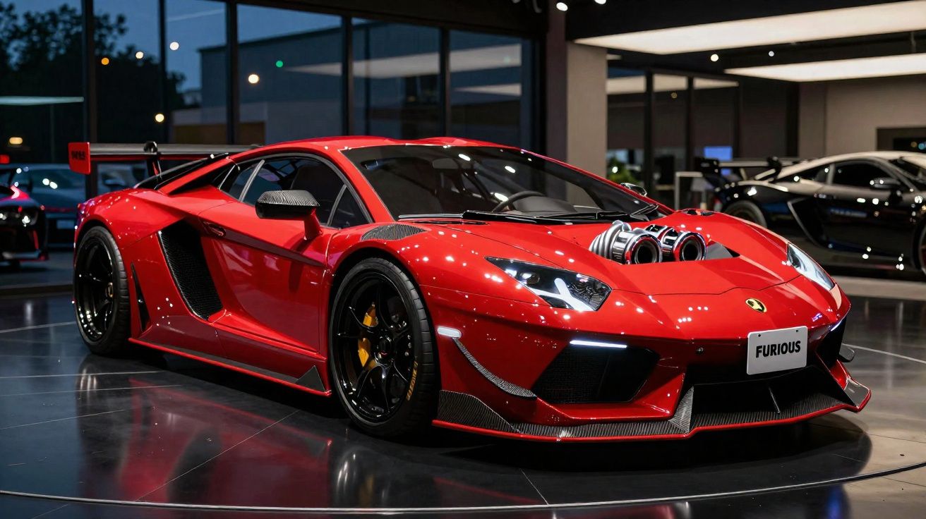 Carro esportivo vermelho com detalhes em fibra de carbono e turbinas à mostra no capô em exposição interna.