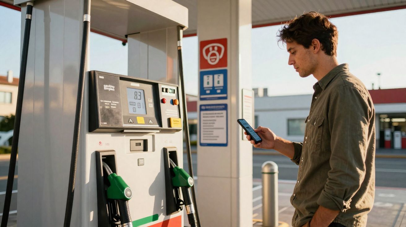 Homem em posto de gasolina olhando para celular próximo à bomba de combustível.